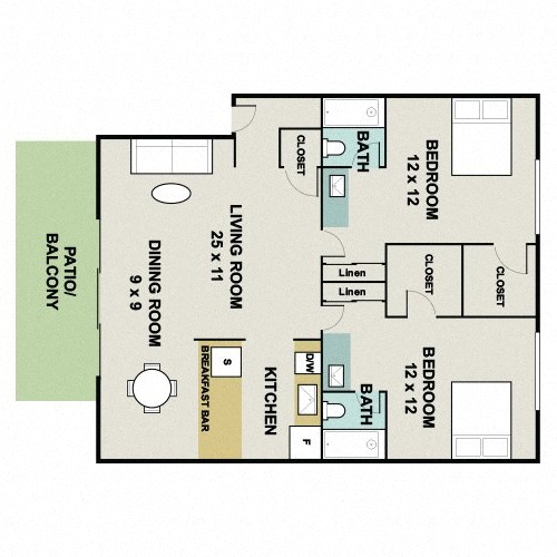 Floor plan for 2 beds, 2 baths, 1093 sqft